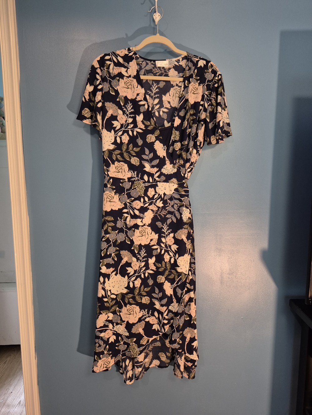 Time and Tru Navy Floral Wrap Midi Dress with Pink Rose Print